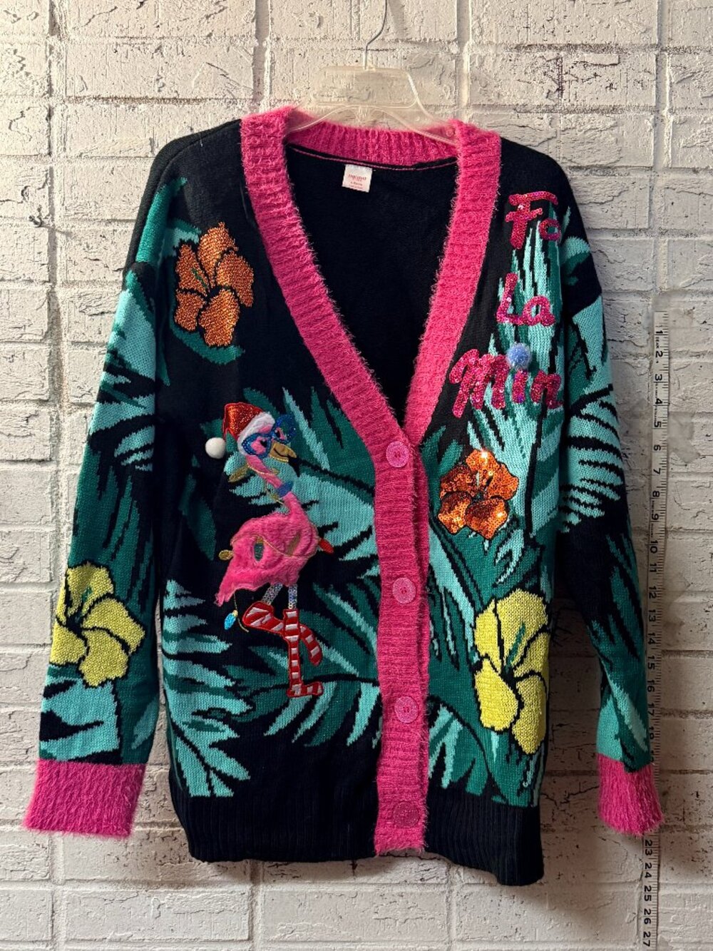 Holiday Time Womens L Flamingo Christmas Cardigan Ugly Sweater Tropical Sequin